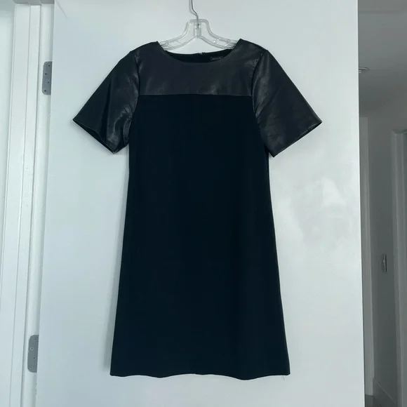 Ann Taylor | Dresses | Ann Taylor Black Stretch Fabric And Faux Leather  Short Sleeve Dress Sz 4 | Poshmark